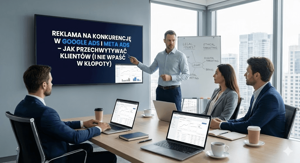 Zespół marketingowy podczas prezentacji na temat reklamy na konkurencję w Google Ads i Meta Ads – prowadzący omawia strategie pozyskiwania klientów i unikania błędów kampanijnych